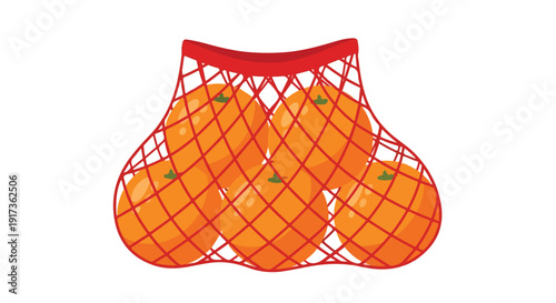 Close-up of oranges in a red net bag against a plain white background with a simple composition.