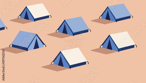 An isometric pattern of minimalist tents in shades of blue and cream on a peach background