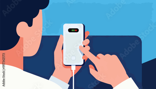 Person charging phone with partial battery icon visible