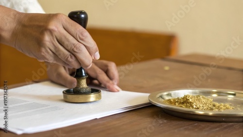 Wallpaper Mural A person stamps a document on a wooden table, with a silver tray containing some seeds or grains nearby. Torontodigital.ca