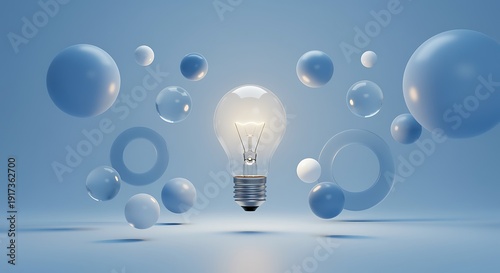 Light bulb with glowing bulb surrounded by transparent glass balls floating around it