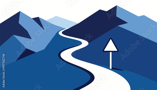 Winding mountain road leading towards distant peaks, marked by a warning sign