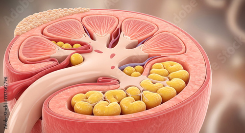 Detailed cross section of a human kidney displaying multiple renal calculi in calyces
