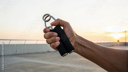 Wallpaper Mural A close-up of a hand gripping a black hand grip strengthener outdoors during sunset for fitness and exercise. Torontodigital.ca