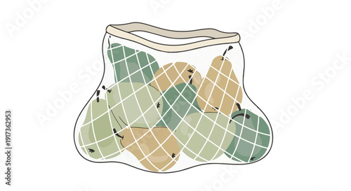 A net bag filled with green and beige pears against a clean white background.