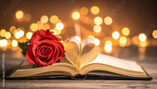 Wallpaper Mural An open book creates a heart shape with a red rose beside it, illuminated by soft, warm lights Torontodigital.ca