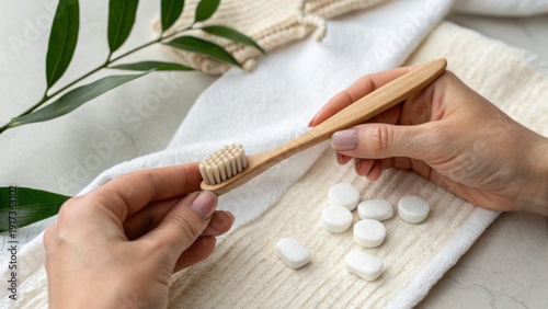 Wallpaper Mural A person holds a bamboo toothbrush and toothpaste tablets on a towel, next to green leaves, emphasizing eco-friendly oral care and sustainable hygiene practices. Torontodigital.ca
