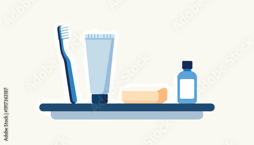 A blue toothbrush, toothpaste, bar of soap, and bottle on a shelf