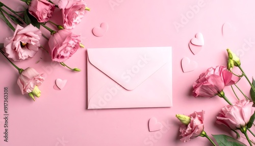 A romantic arrangement featuring pink roses and an envelope on a soft pink backdrop