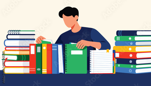 Person organizing colorful books and notebooks on a desk