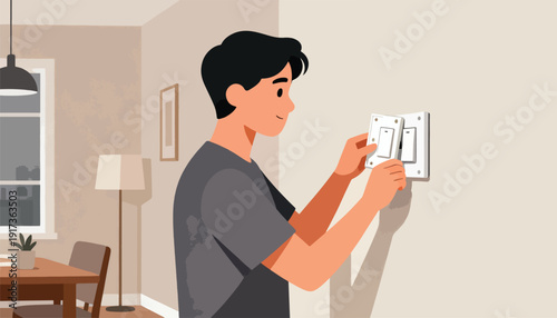 Man installs light switch in a room with furniture and window