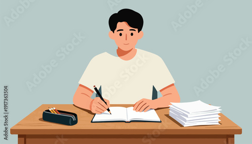 Young person writing in an open book, with a pencil case and papers