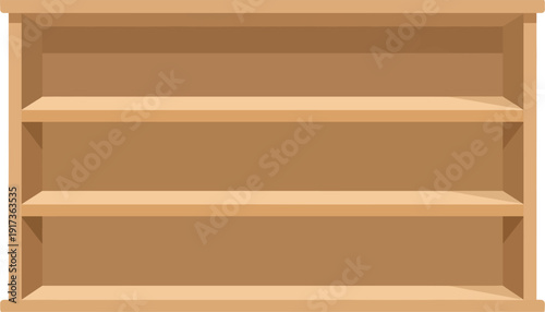 A simple, light brown wooden shelving unit with three empty shelves