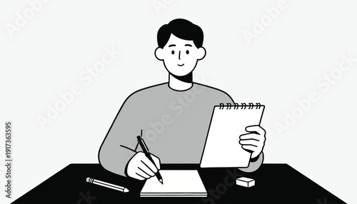 A person sits at a desk, writing in a notebook and holding another