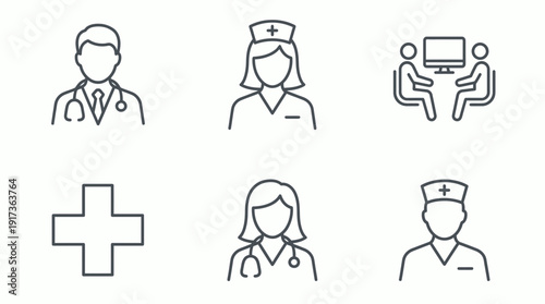 Professional medical icons collection with line art of doctors and nurses on white background, concept for hospital management, healthcare website interface and clinic appointment app design