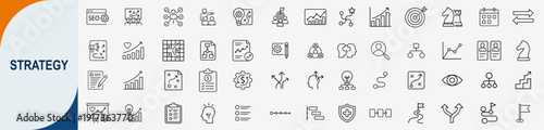 Strategy and business planning icons set, outline symbols for corporate management growth analysis creative thinking and vision vector illustration