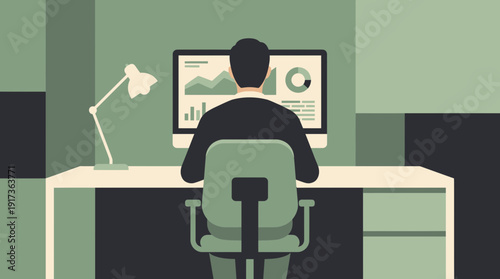 Male data analyst sitting at a desk viewing professional dashboard with charts on a computer monitor in a minimalist office, concept for data analysis, business strategy and financial reporting