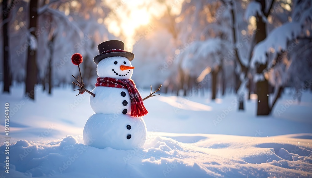 Obraz premium A snowman in a snowy forest with a hat and scarf