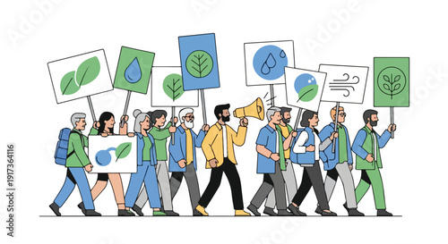 Illustration of a diverse group of people participating in a climate change activism march with eco-friendly signs and megaphone in a documentary style.