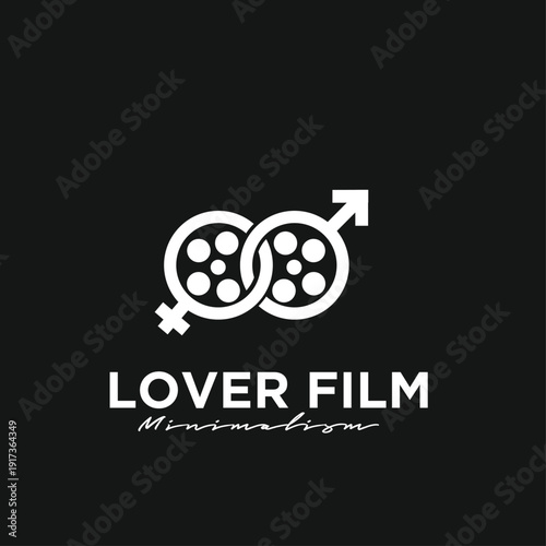 Lover Film Logo Design with Intertwined Film Reels and Gender Symbols, Minimalist Cinema and Romantic Concept