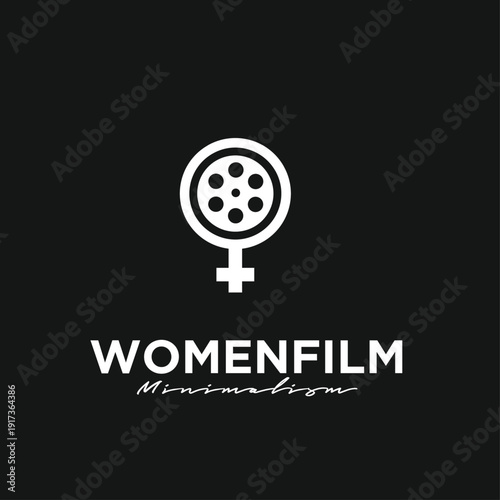 Minimalist Women Film Logo Icon with Female Gender Symbol and Film Reel Design