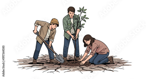 Illustration of three people planting a tree in dry, cracked earth, symbolizing climate activism and environmental conservation efforts in a documentary style.