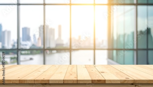 Wallpaper Mural A wooden table in front of a large window revealing a city skyline at sunset Torontodigital.ca