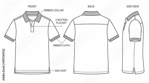 technical flat sketch of a men polo shirt showing front back and side views with detailed callouts on white background, concept for apparel manufacturing, garment design and fashion production