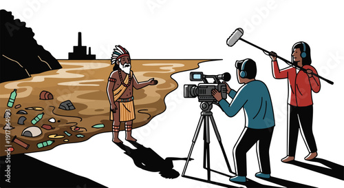 Documentary filmmakers capturing climate change impact through activism in a desolate landscape with a crew and equipment.