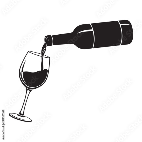 Wine being poured from a bottle into a glass icon Silhouette vector black on a white background