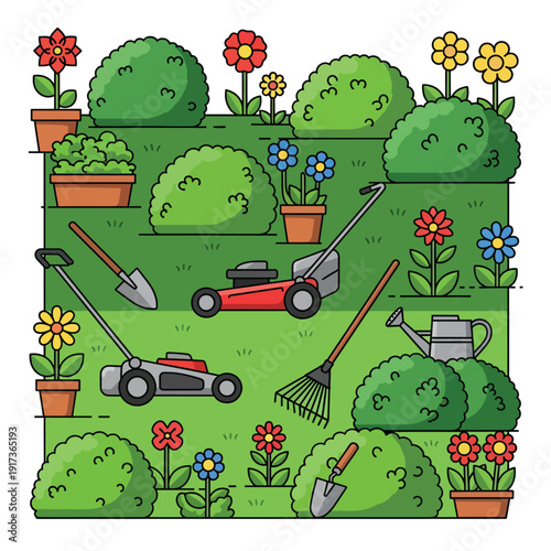 A vibrant garden scene showcasing gardening tools and flowers in a lush green landscape viewed from directly above with a lawnmower and watering can present amidst blooming flora