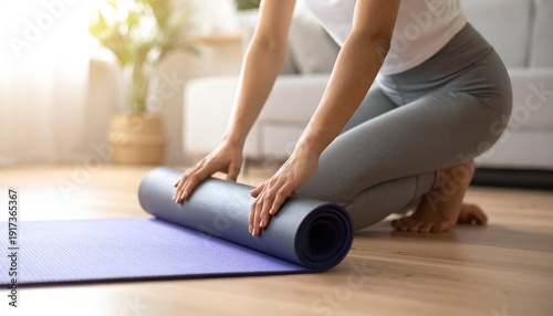 Wallpaper Mural A woman is kneeling while rolling up a yoga mat in a bright and inviting living space Torontodigital.ca