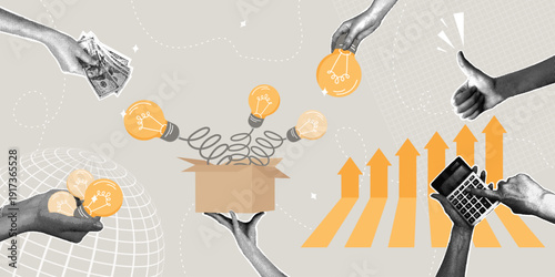 Ideas, innovation, and growth. Trendy halftone collage. Concept of startups, investments, financial success, development, and entrepreneurship. Vector illustration.