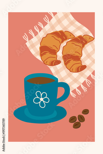 Coffee and croissants make the perfect breakfast. A cozy vector illustration with a cup of coffee and croissants. A bright, modern retro-style illustration perfect for cafe menus, advertising, blogs