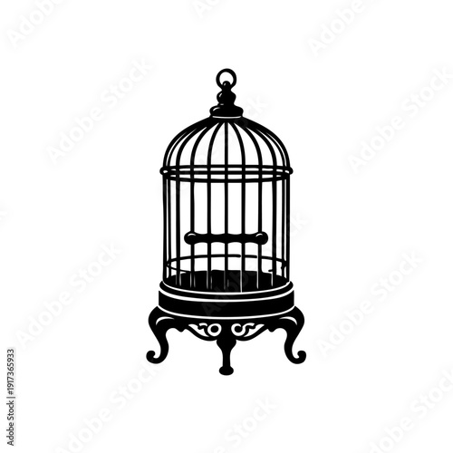 A vintage birdcage with intricate details and a stand