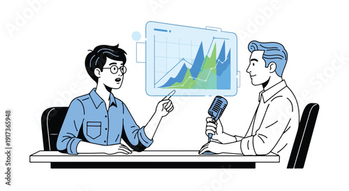 Two men discussing climate activism and documentary data on a graph in a meeting with a thoughtful mood.