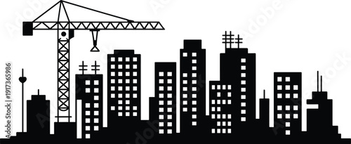 City skyline silhouette, urban construction crane, modern architecture vector, infrastructure development design, high-rise building art, cad drawing flat vector illustration