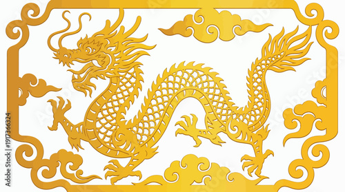 Golden Chinese imperial dragon silhouette with decorative clouds inside an ornate frame on white background, concept for Chinese New Year, cultural festival and oriental graphic design
