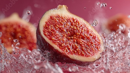 Sliced fig splashing water close-up colorful fruit pulp clear liquid motion soft natural light high-detail appetizing modern photo style