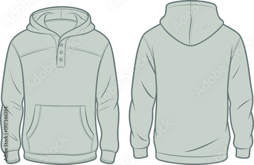 Unisex green pullover hoodie technical fashion illustration with front and back views, kangaroo pocket and button placket detail, flat apparel template design
