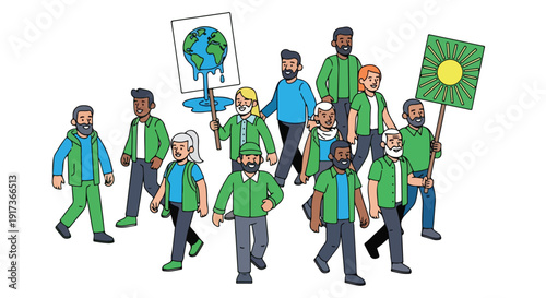 Illustration of diverse group of people marching for climate activism and environmental awareness in a documentary-style image with a white background.