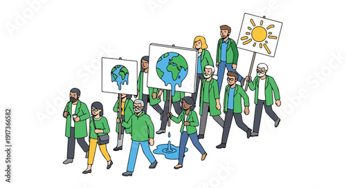 Illustration of a diverse group of people participating in a climate change activism march with signs featuring the Earth and sun, conveying a sense of environmental awareness and collective action.
