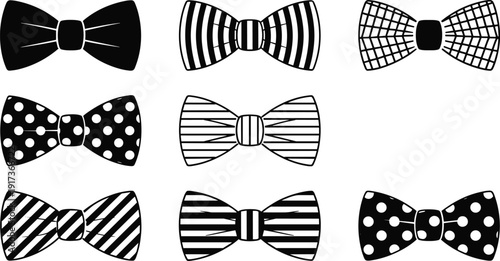 Black bow tie silhouettes vector set, formal fashion accessory icons collection with striped and polka dot designs