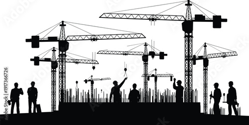 Construction site silhouette, tower cranes with workers, steel framework building vector, industrial architecture design, urban infrastructure art, cad drawing flat vector illustration