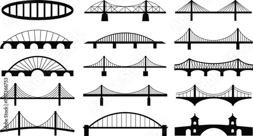 Black bridge silhouettes vector set, modern and classic bridge architecture icons collection, isolated urban infrastructure elements