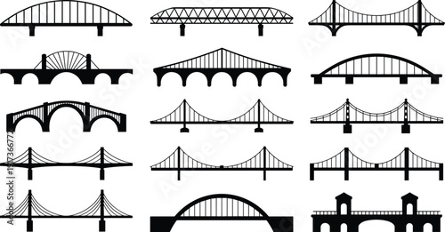 Black bridge silhouettes vector set, suspension arch and truss bridge architecture icons, isolated urban infrastructure collection