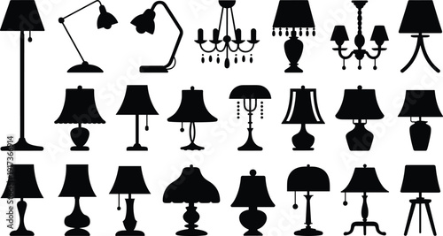 Black lamp silhouettes collection vector pack, featuring floor lamps, table lamps, desk lamps, chandeliers, vintage and modern lighting icons, perfect for interior design projects