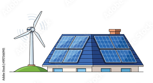 Illustration of a house with solar panels on the roof and a wind turbine nearby, representing climate activism and sustainable living.