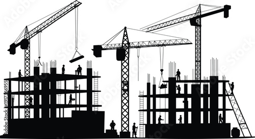Construction site silhouette, workers with cranes, urban building development, high-rise construction vector, industrial labor scene, cad drawing flat vector illustration