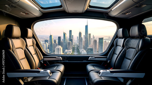 eVTOL passenger cabin interior with city view